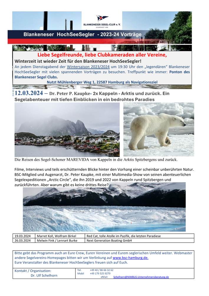 15. HochSeeSegler am 12. März: 2mal Kappeln-Arktis und zurück von und mit Dr. Peter Kaupke